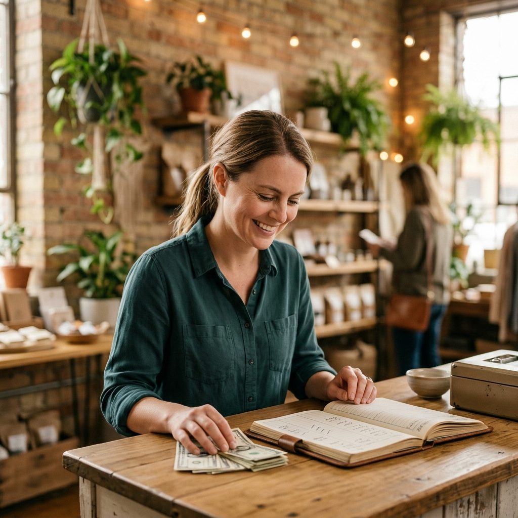 Small business owner happily reviewing their finances