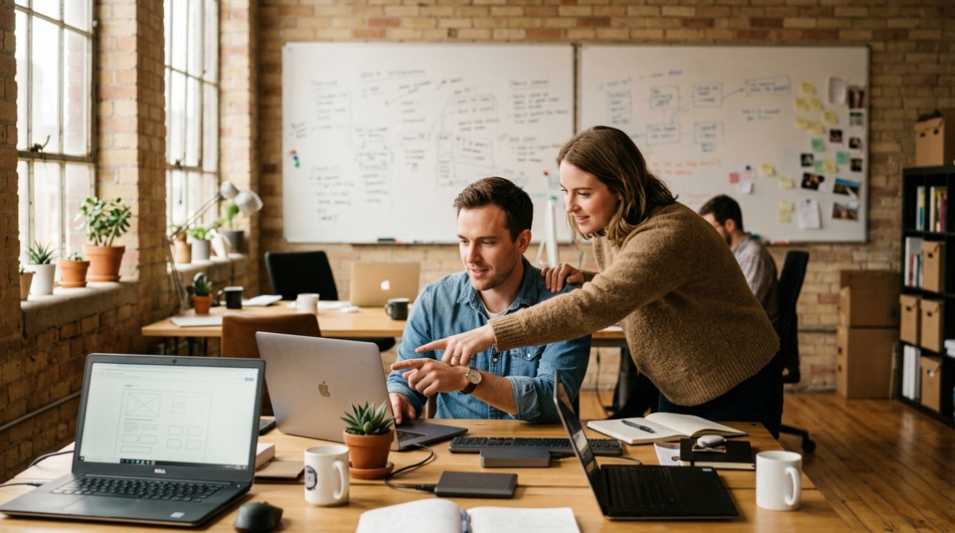 Early startup office with whiteboards and laptops