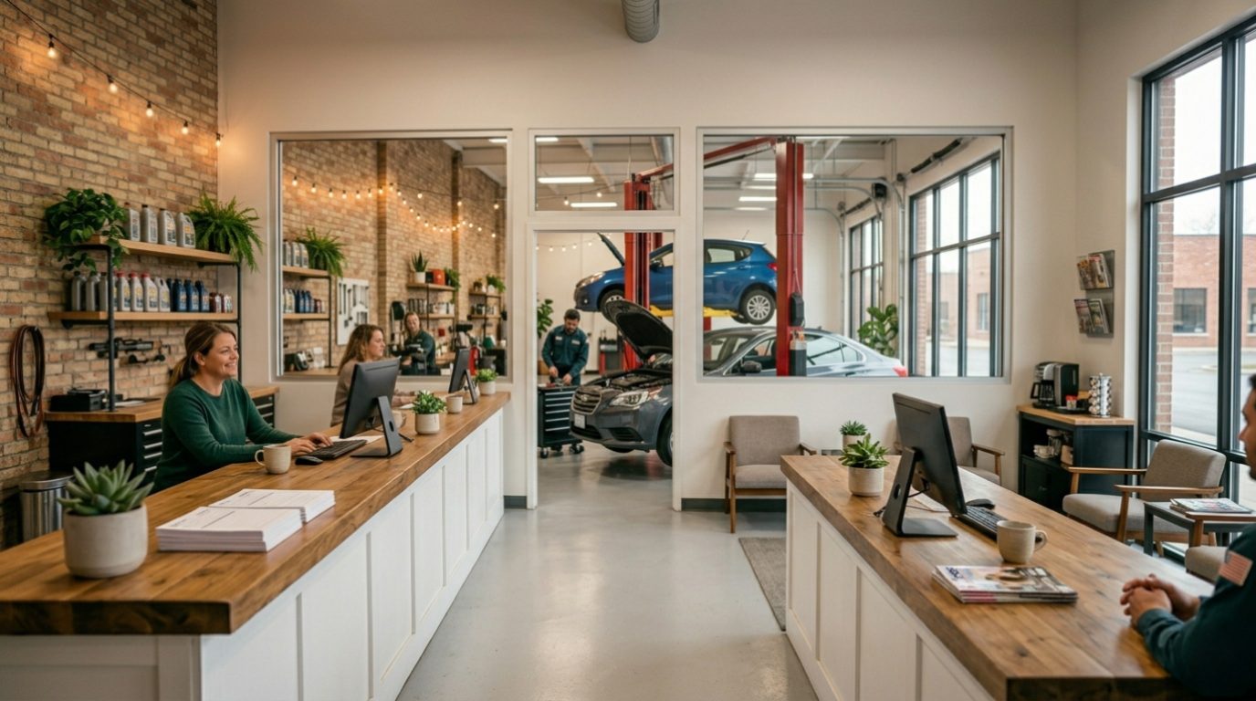 Clean, modern auto repair shop with a technician at work