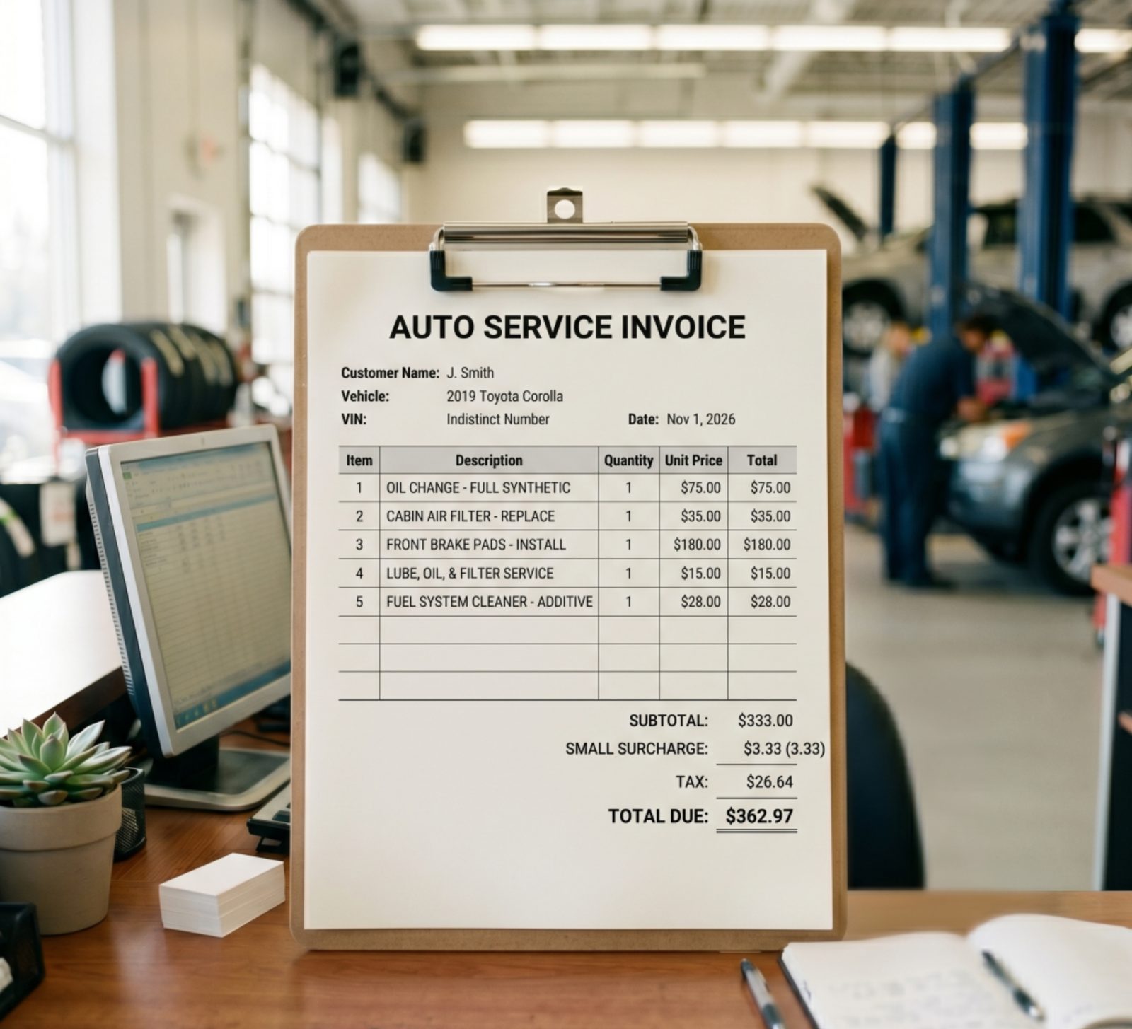 Auto repair invoice showing a clearly labeled surcharge line