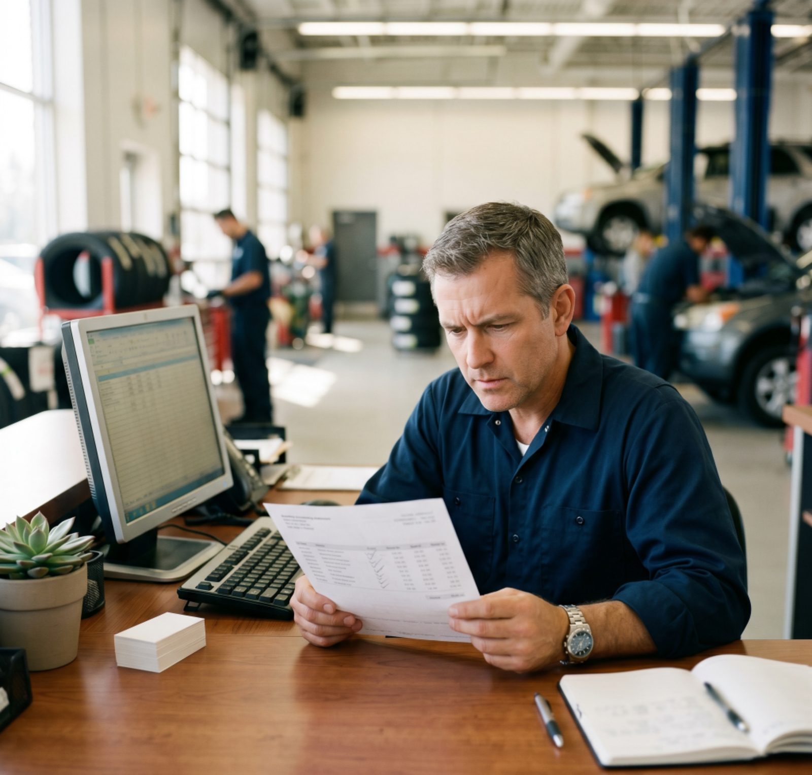 Shop owner reviewing a processing statement at the service desk