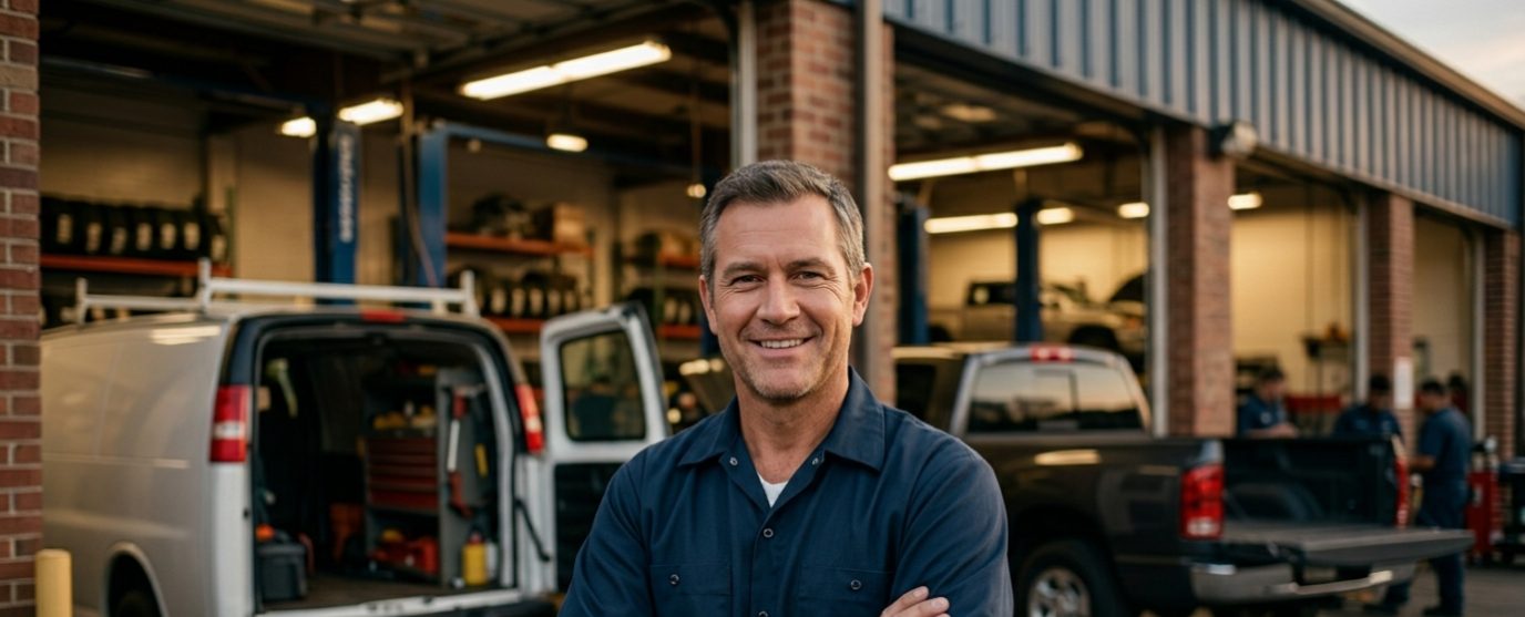 Confident shop owner in front of their service vehicle
