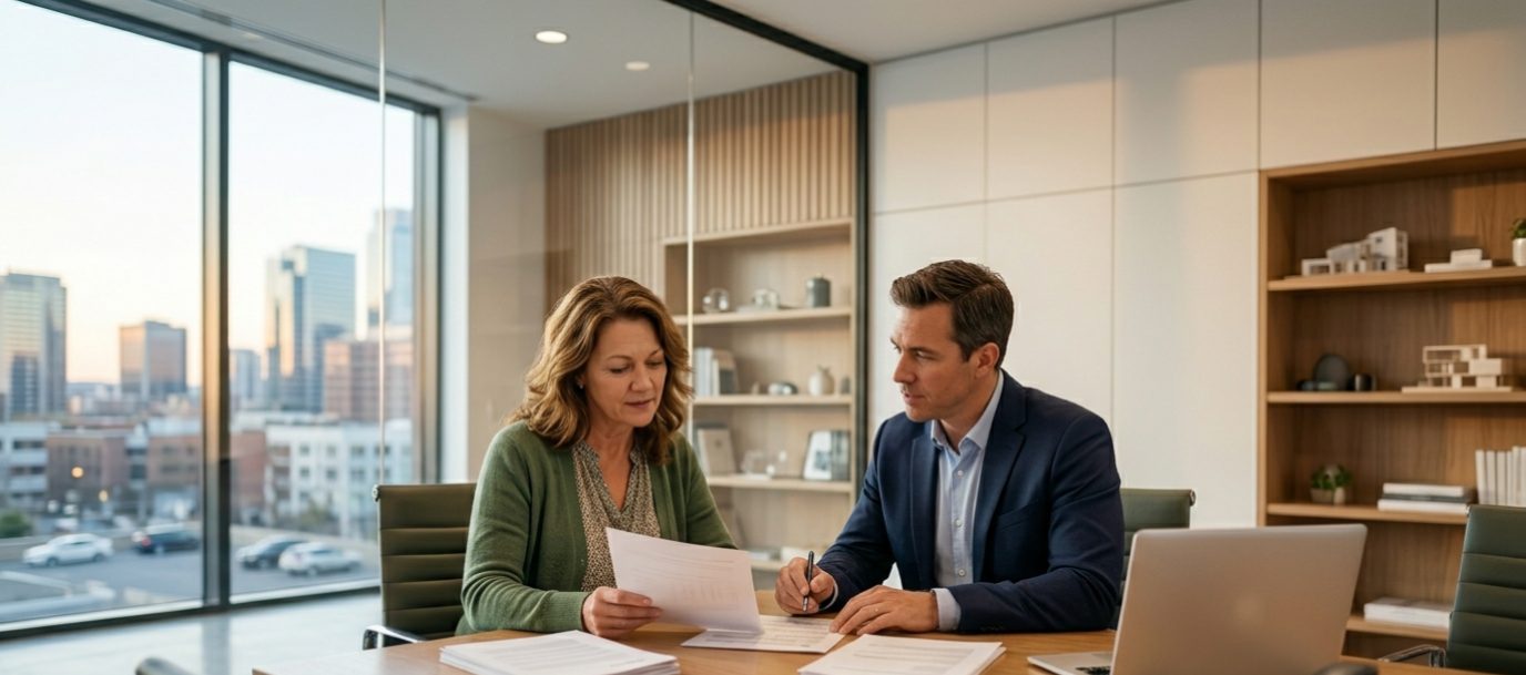 Two professionals reviewing documents in a modern office