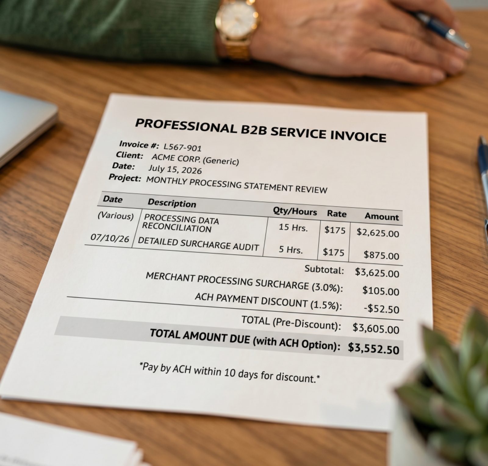 B2B invoice showing surcharge and ACH discount options