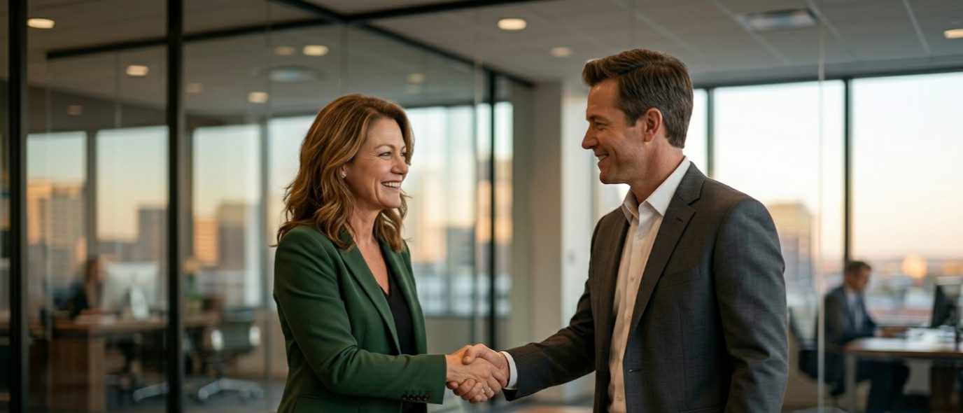 Two professionals shaking hands to close a deal