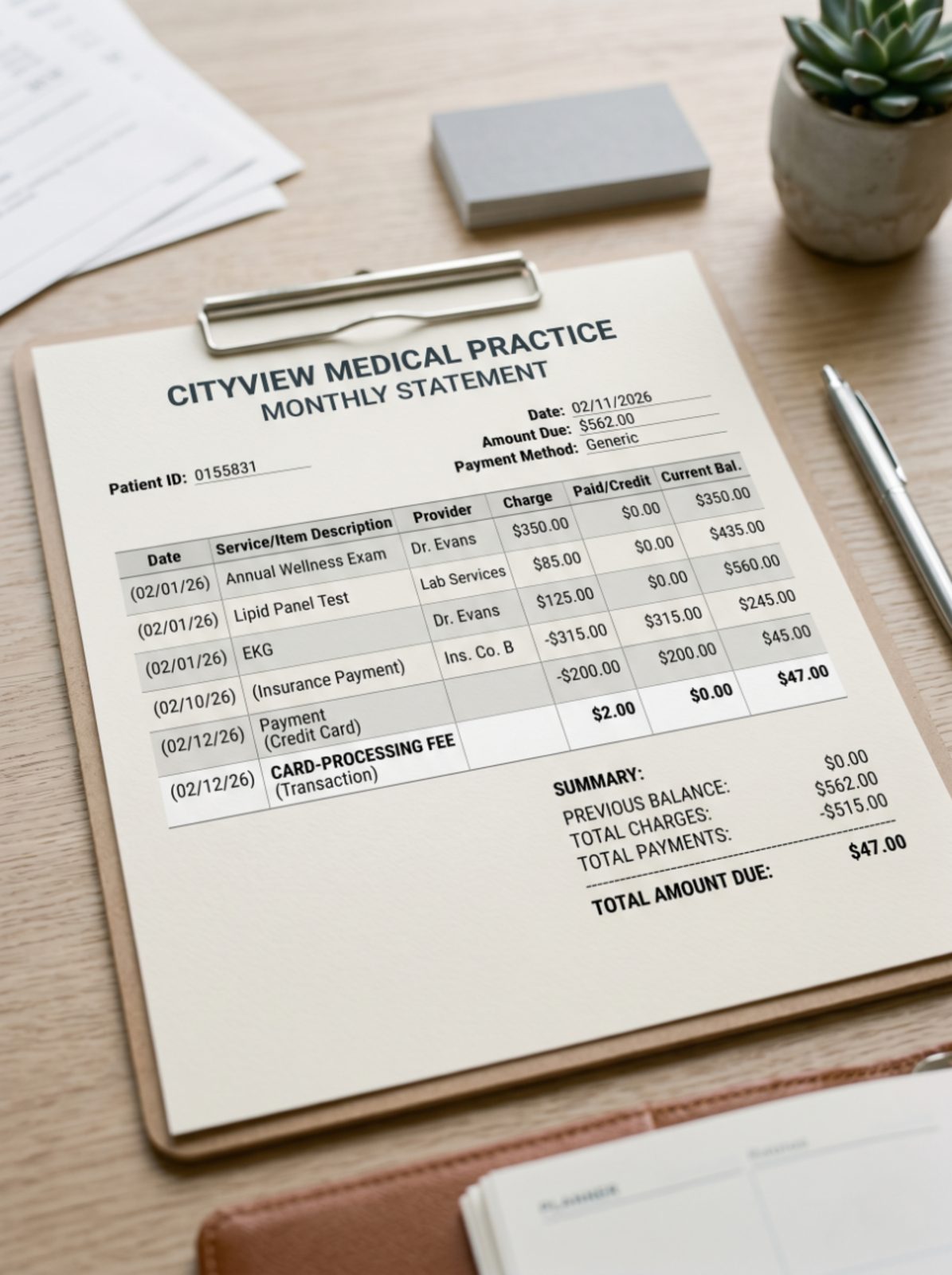 Medical billing statement with a clearly labeled card-fee line