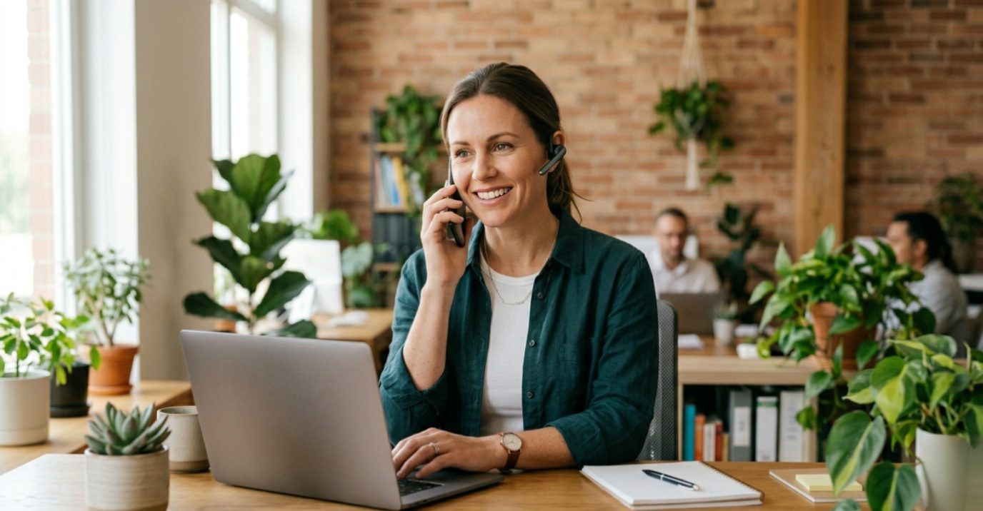 Friendly payment specialist on a phone call