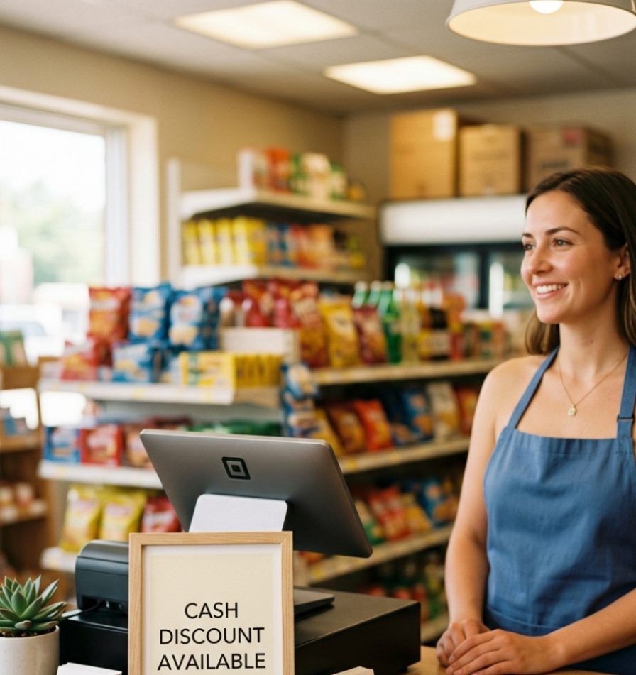 Store counter with a Cash Discount Available sign