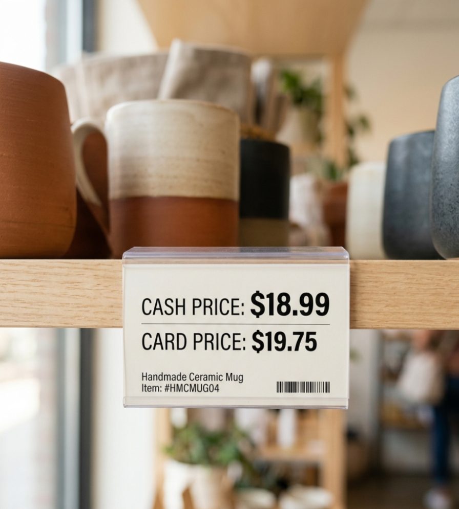 Price tag showing separate cash and card prices