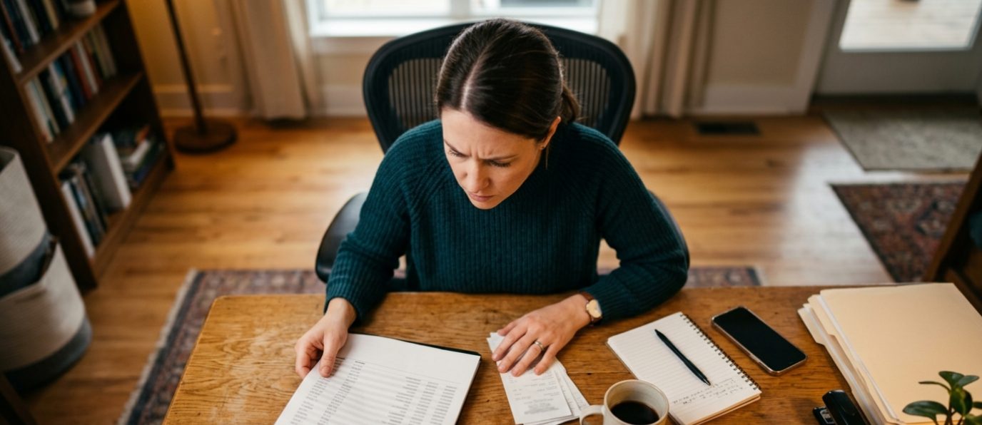 Business owner reviewing a monthly statement at a desk