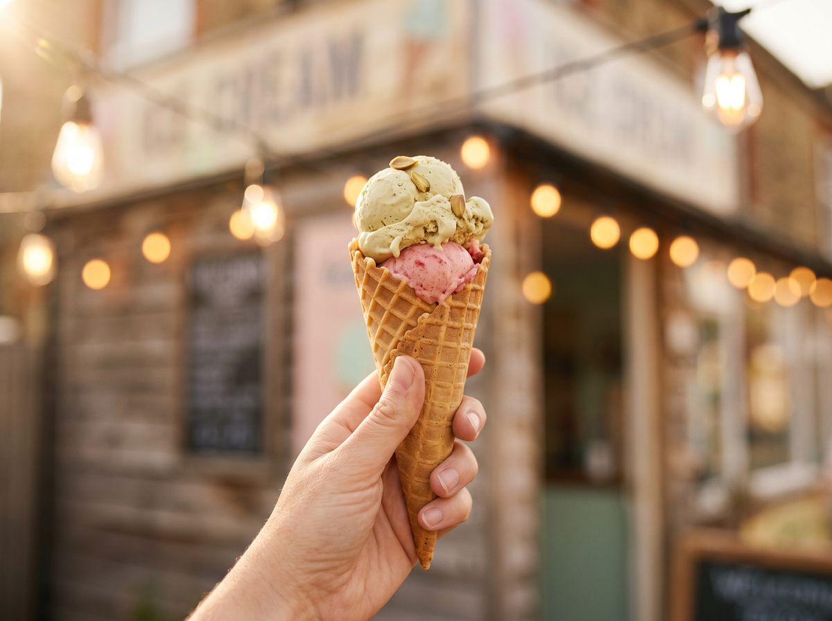 Hand holding a double-scoop waffle cone in golden evening light outside an ice cream shop