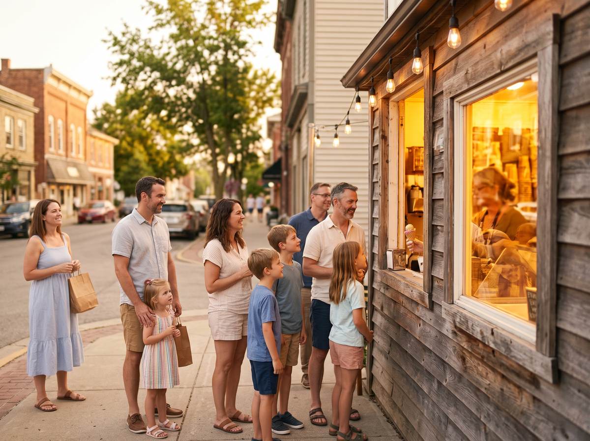 Families lined up at the walk-up window of a small-town ice cream shop on a summer evening