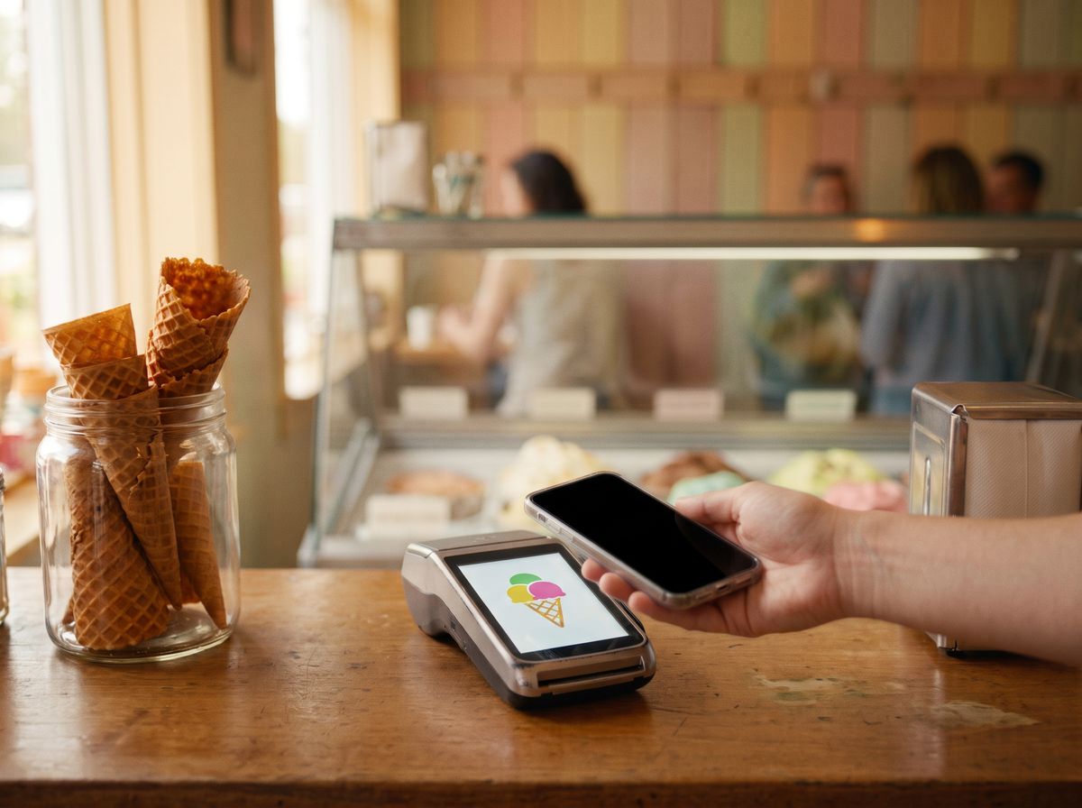 Customer tapping a phone on a payment terminal at an ice cream shop counter