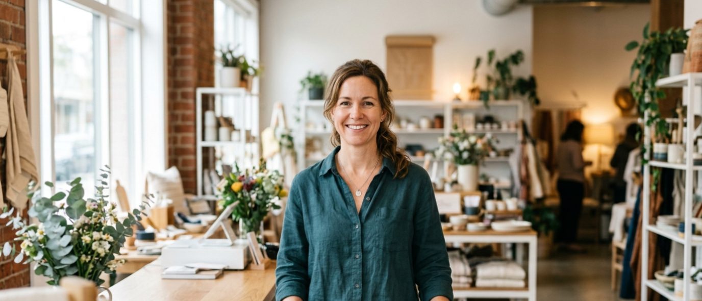 Smiling small business owner standing at their shop counter