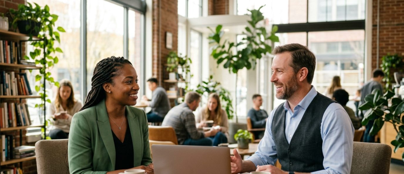 Two business professionals talking in a relaxed meeting