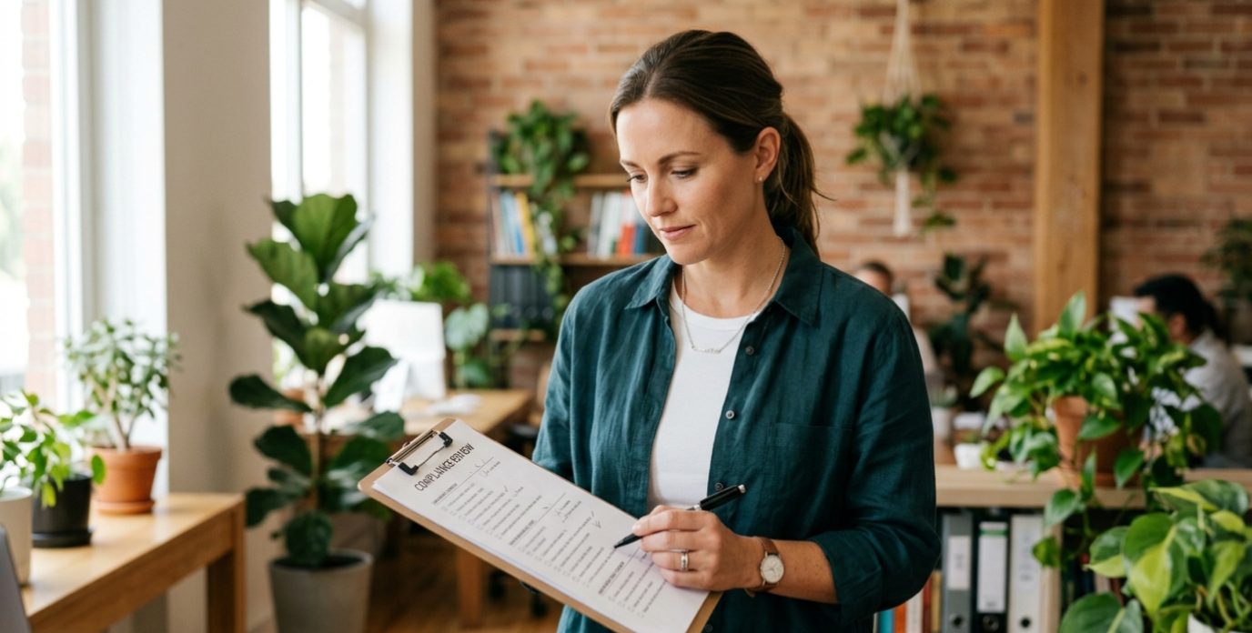 Business owner reviewing a compliance checklist