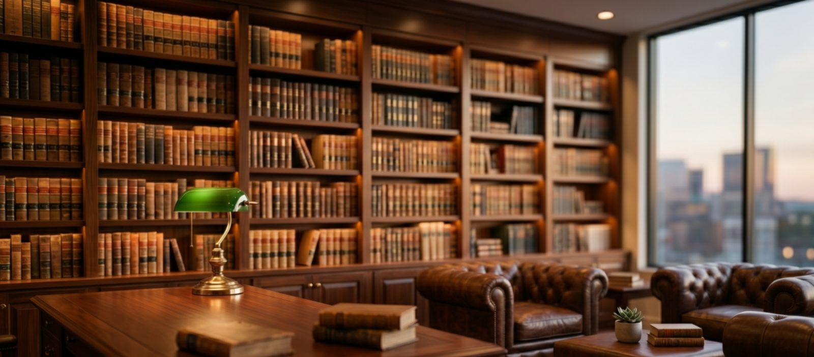Professional law office interior with bookshelves