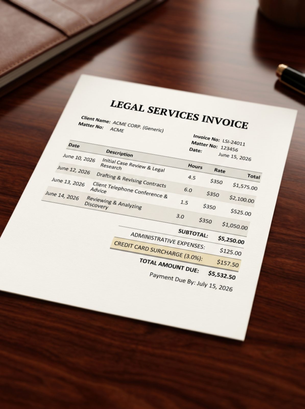 Legal invoice showing a clearly labeled card surcharge line