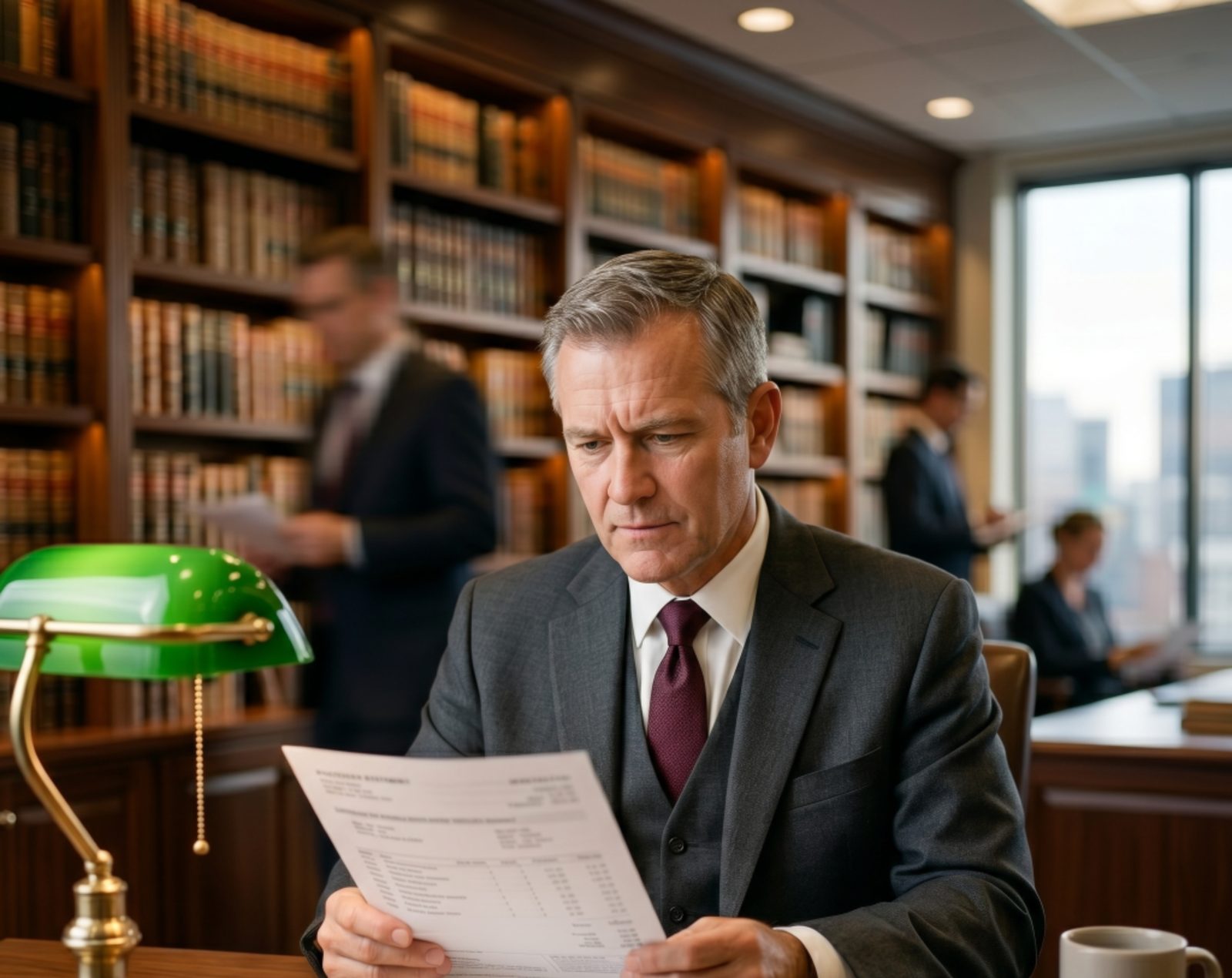 Attorney reviewing a processing statement at a desk
