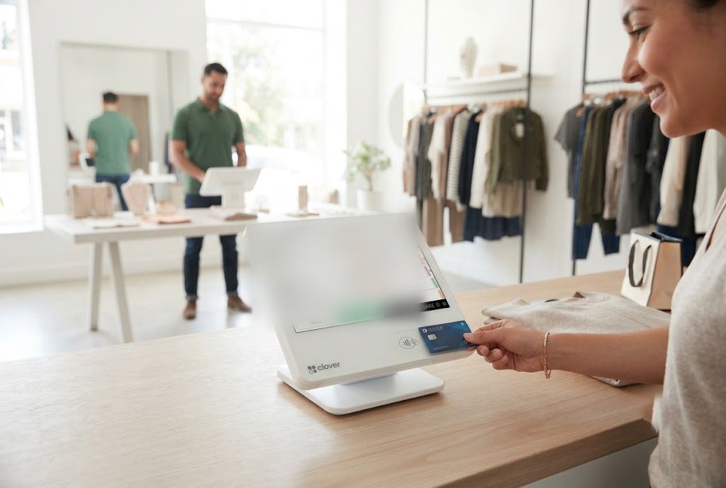 Boutique customer tapping a card to pay on a Clover Mini at the checkout counter
