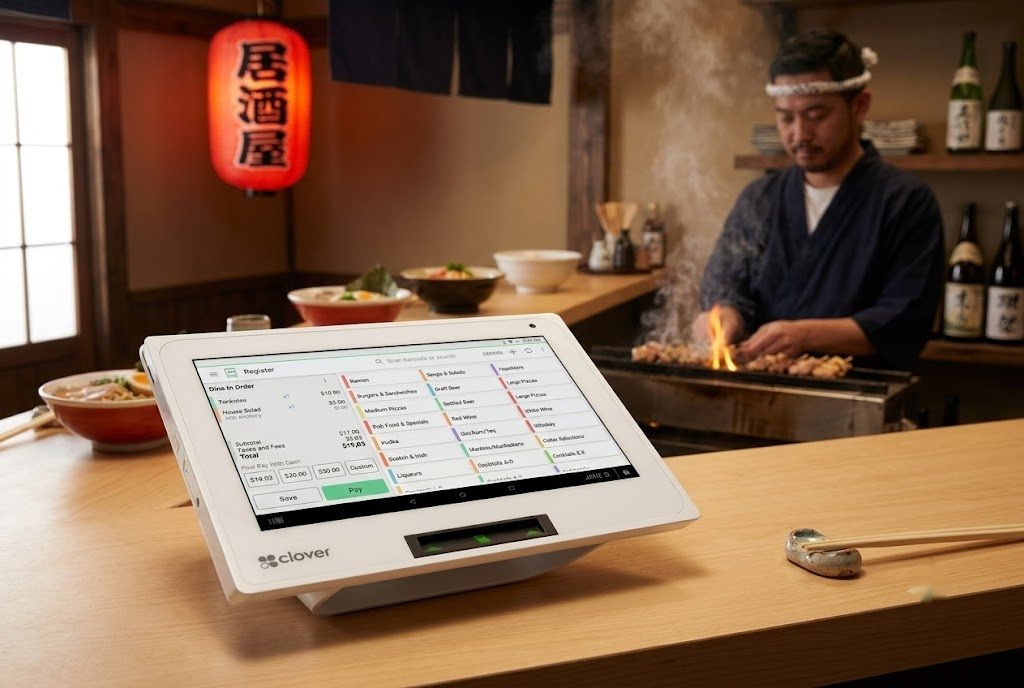 Clover POS device on a restaurant counter during dinner service