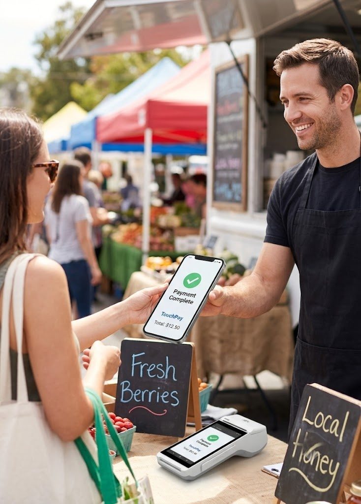 Vendor accepting a contactless payment on a phone using TouchPay at a market stall