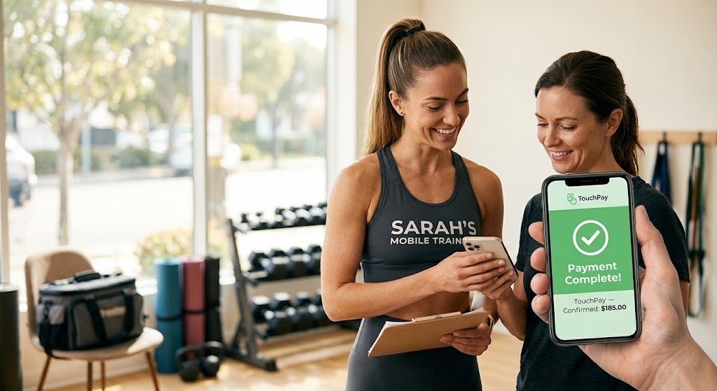 Mobile service professional taking a contactless payment on a phone using TouchPay