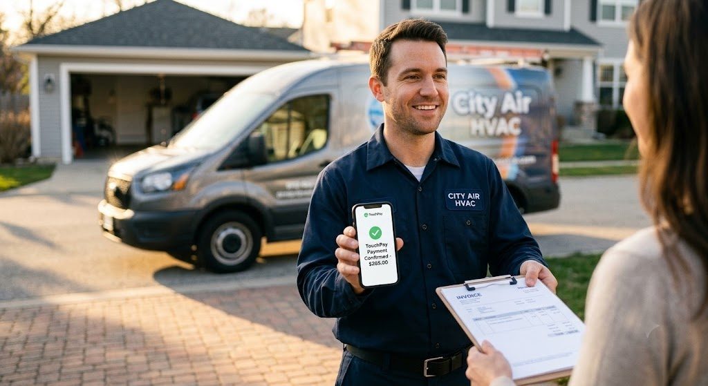HVAC technician showing a customer a confirmed TouchPay payment on his phone at a job site