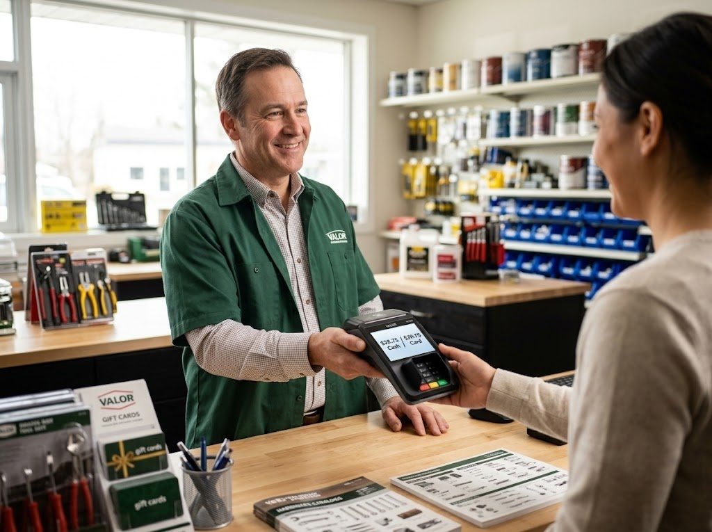 Hardware store checkout showing a Valor terminal with cash and card prices displayed