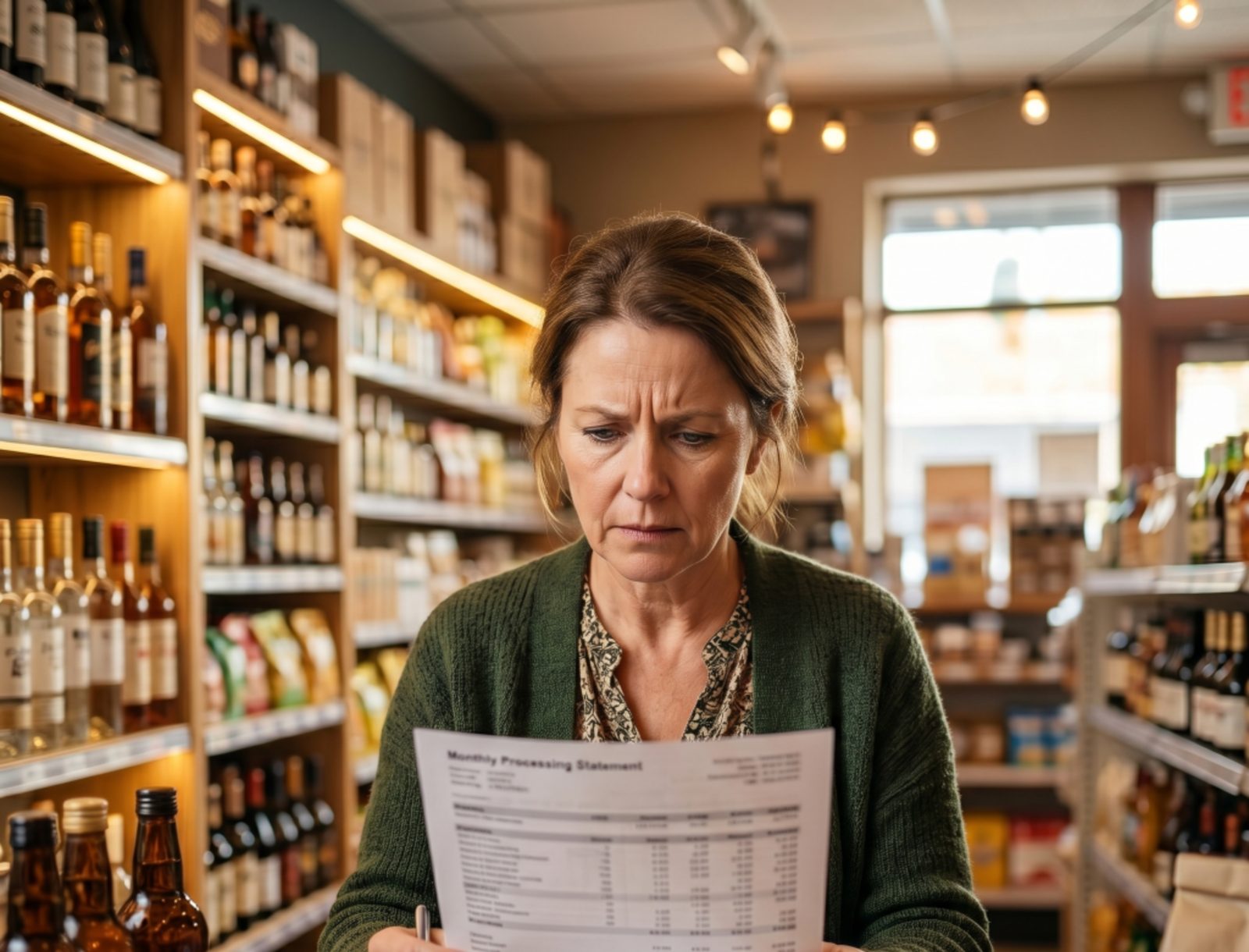 Store owner reviewing a monthly processing statement