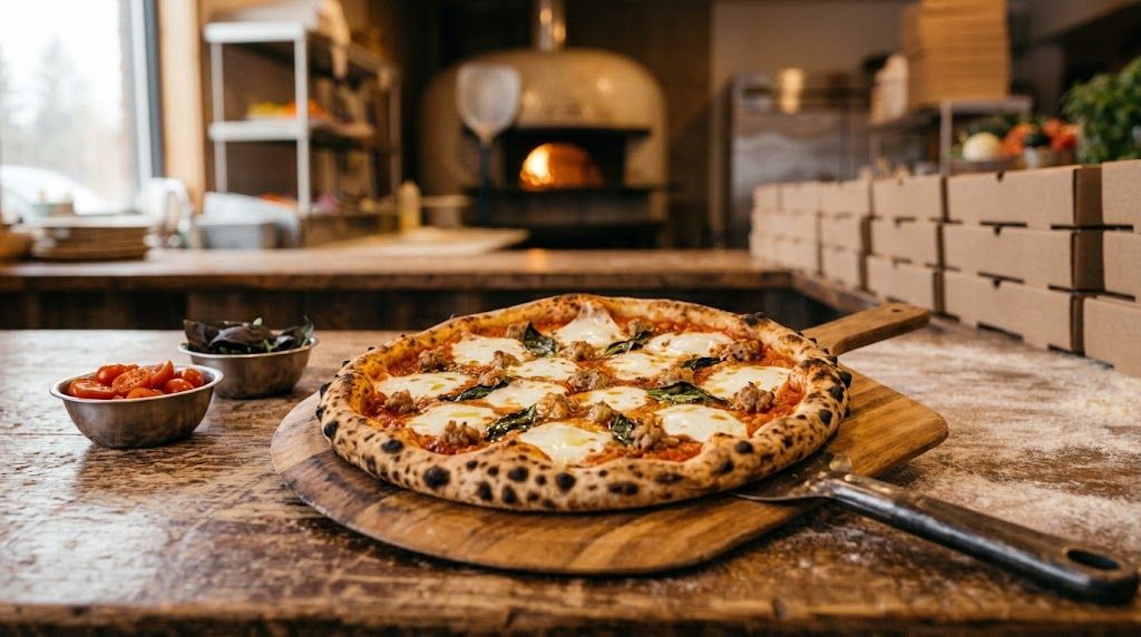 Fresh pizza on a wooden peel on a pizzeria counter