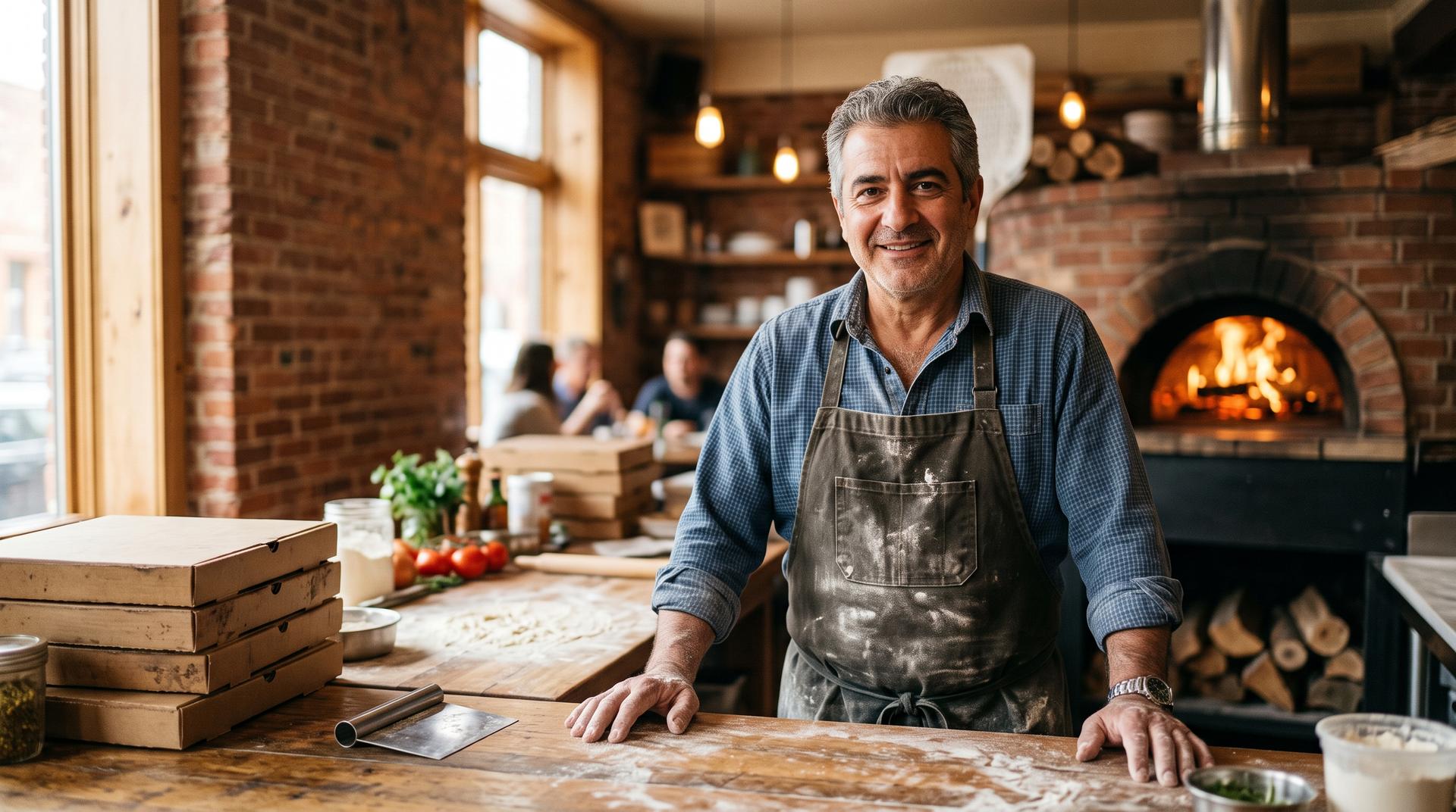 Pizzeria owner standing at the counter of his shop in front of the oven