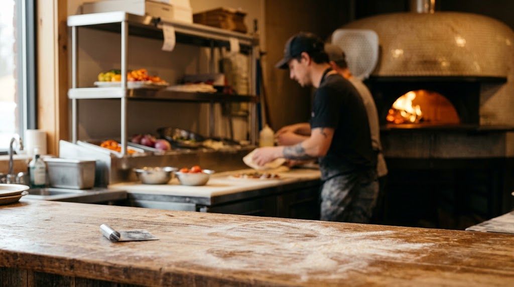 Cook stretching dough in a pizzeria kitchen with a fired oven behind him
