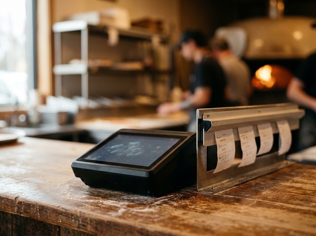 Payment terminal and order ticket rail on a pizzeria counter