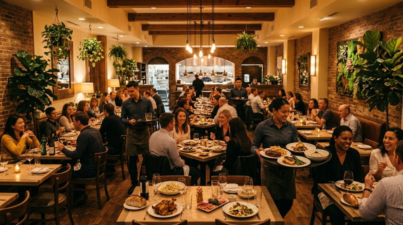 Busy, inviting restaurant interior during dinner service