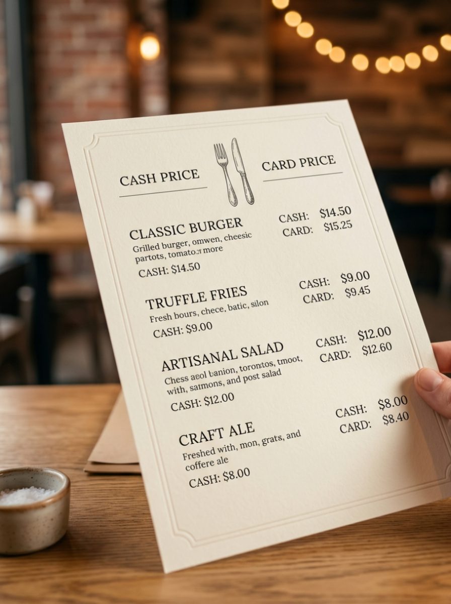 Restaurant menu showing separate cash and card prices