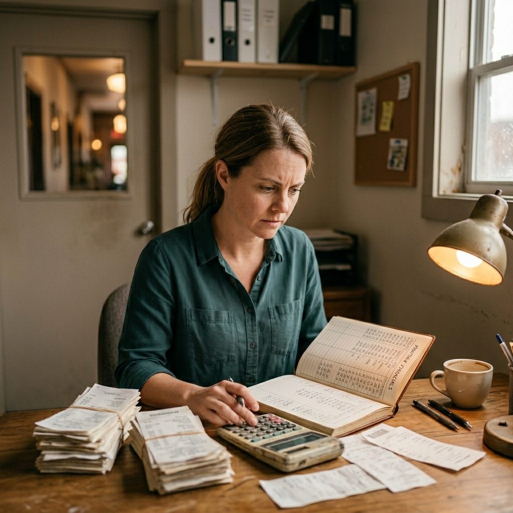 Restaurant owner reviewing financials at a back-office desk