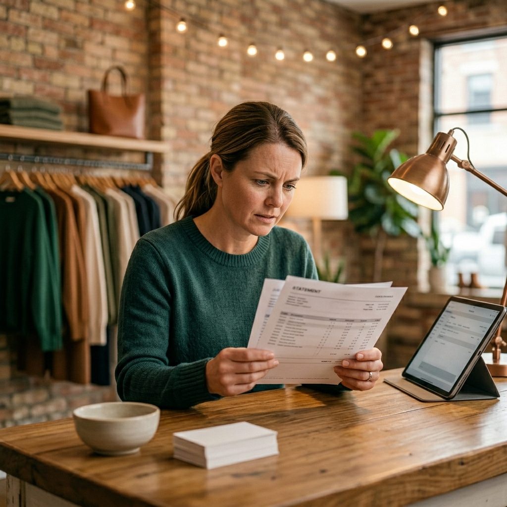 Boutique owner reviewing a processing statement