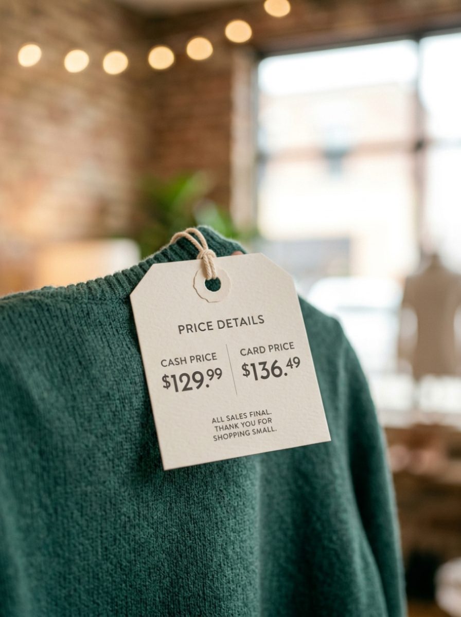 Clothing price tag showing separate cash and card prices