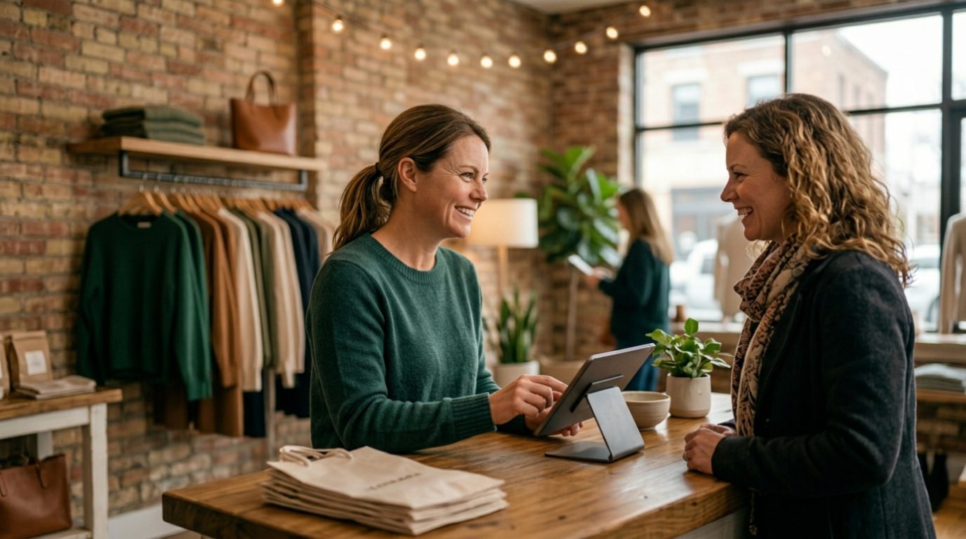 Boutique owner helping a happy customer at the register