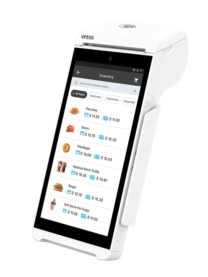 Valor VP550 payment terminal showing dual pricing on screen